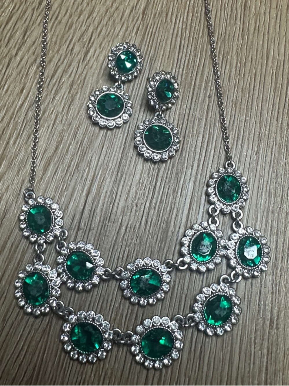 Silver-Tone Emerald Green Crystal Necklace & Earrings Set